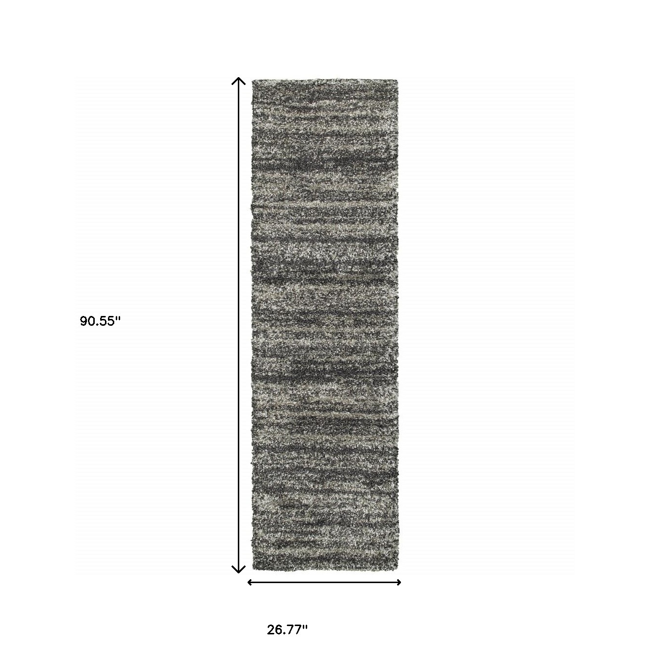 8" Black and Gray Geometric Shag Power Loom Runner Rug