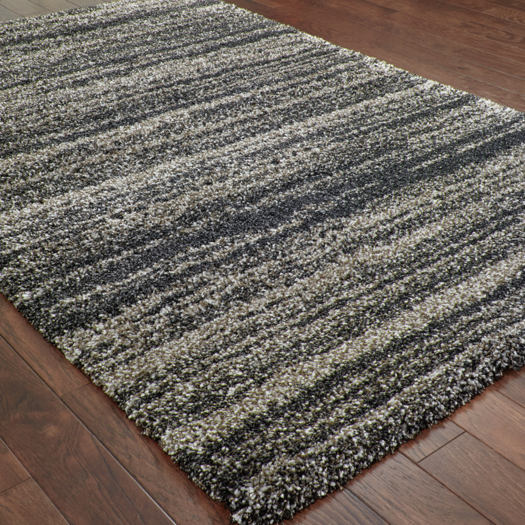 6" X 9" Charcoal Silver And Grey Geometric Shag Power Loom Stain Resistant Area Rug