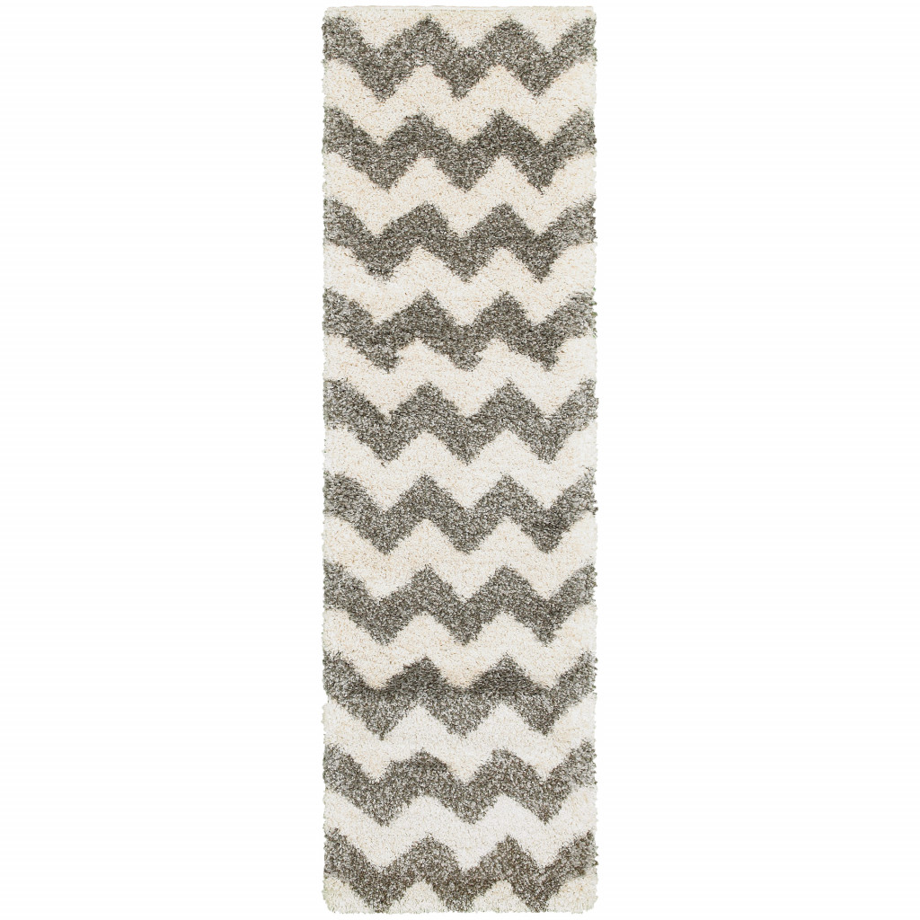 2 X 8 grey And Ivory geometric Shag Power Loom Stain Resistant Runner Rug