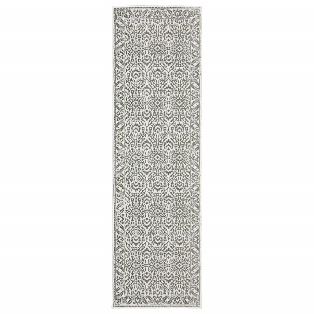 2" X 8" Grey And White Floral Power Loom Stain Resistant Runner Rug
