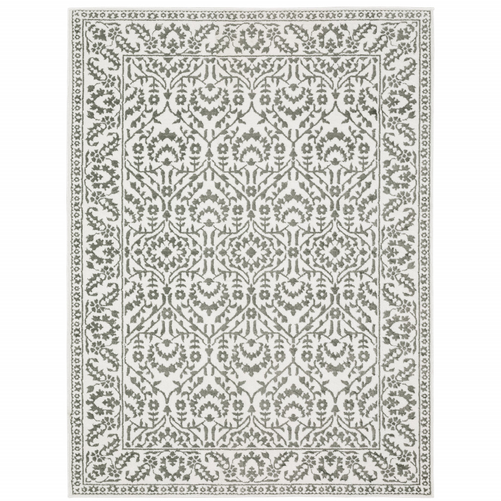 5 X 8 grey And White Floral Power Loom Stain Resistant Area Rug