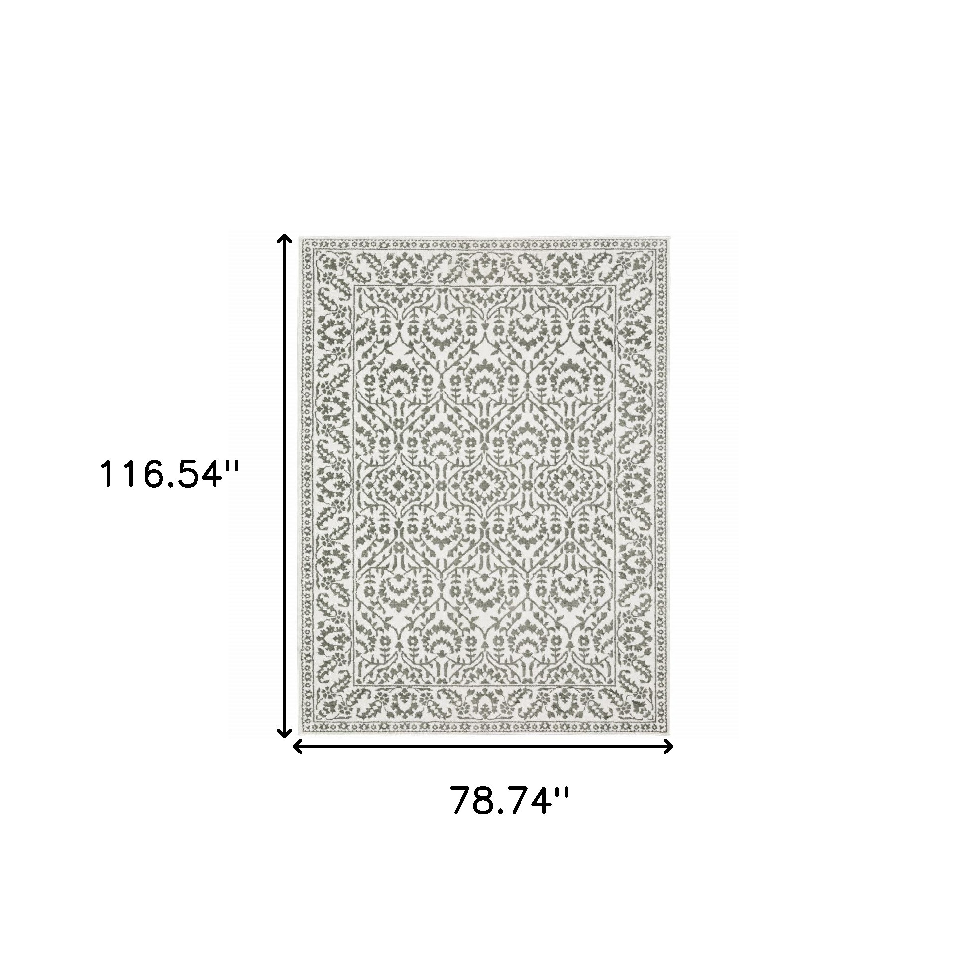 7" X 10" Gray and White Floral Power Loom Area Rug