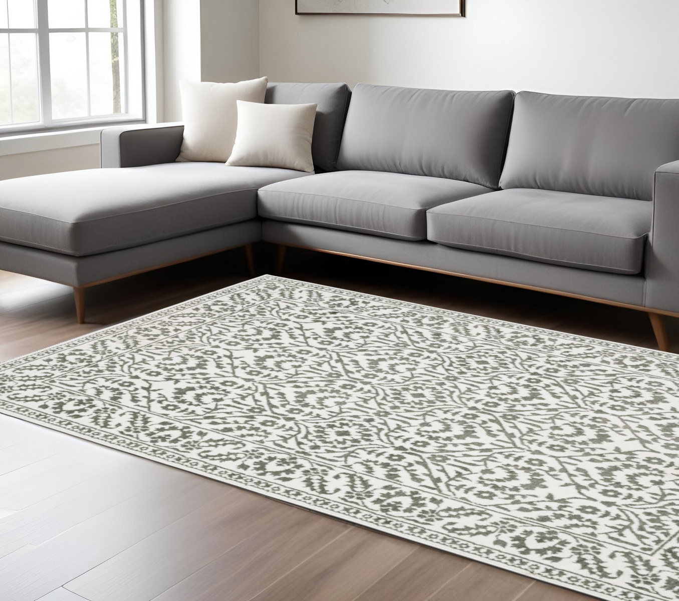 7" X 10" Gray and White Floral Power Loom Area Rug