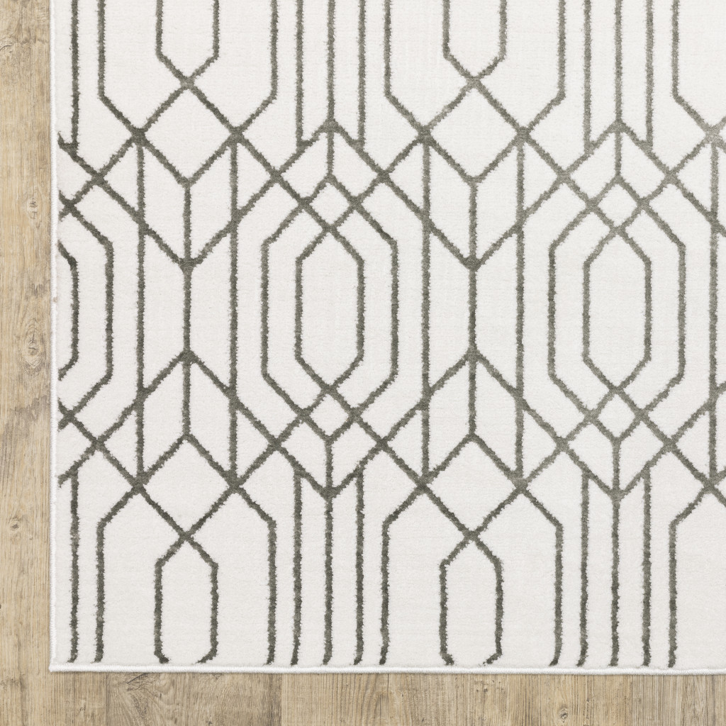 2 X 8 White And grey geometric Power Loom Stain Resistant Runner Rug