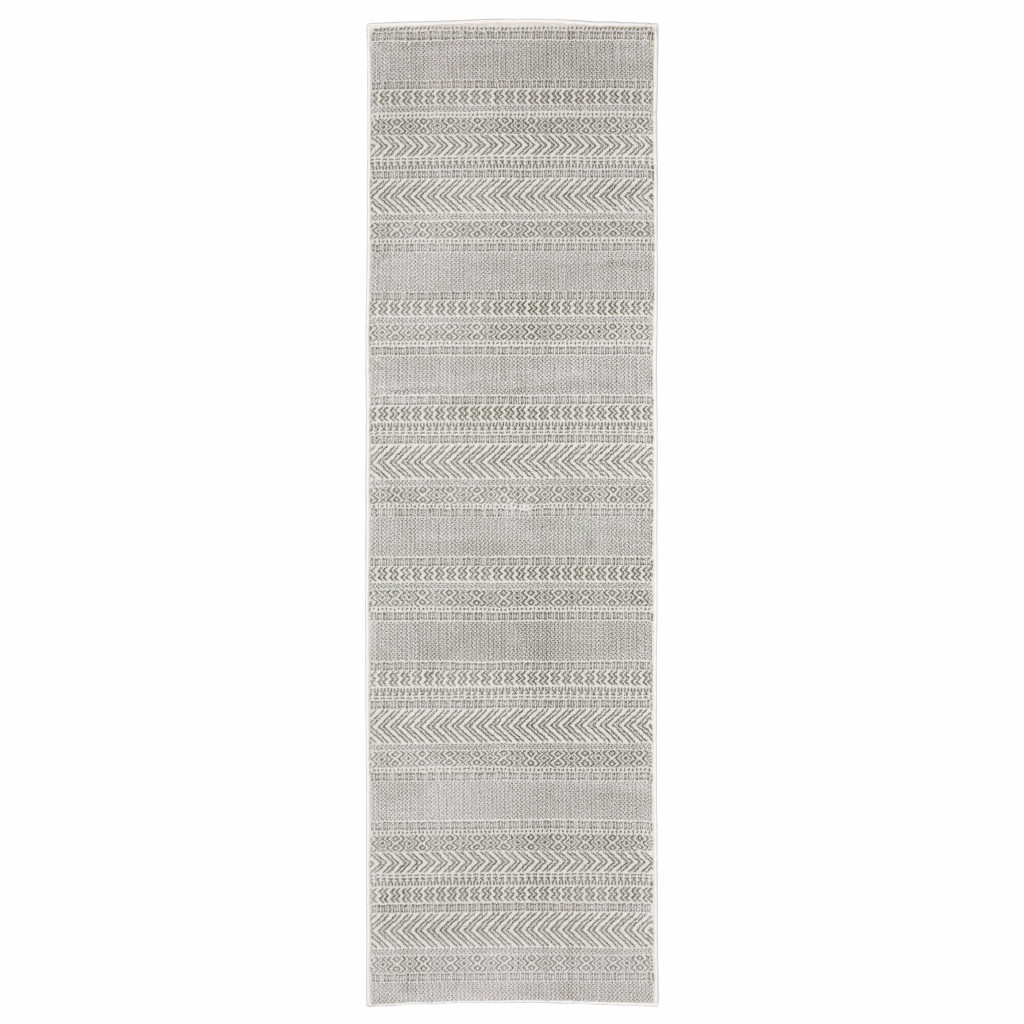 2 X 8 White And grey geometric Power Loom Stain Resistant Runner Rug