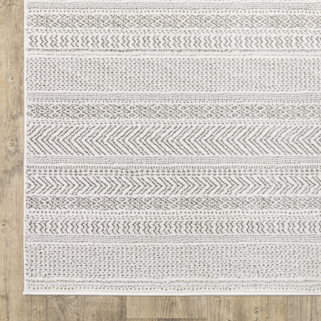 2 X 8 White And grey geometric Power Loom Stain Resistant Runner Rug