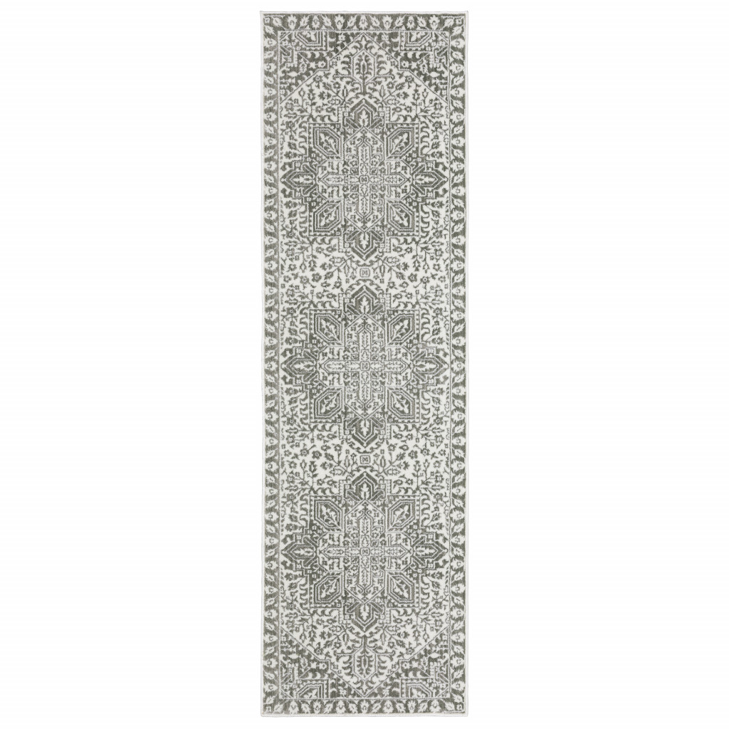 2" X 8" Grey And White Oriental Power Loom Stain Resistant Runner Rug