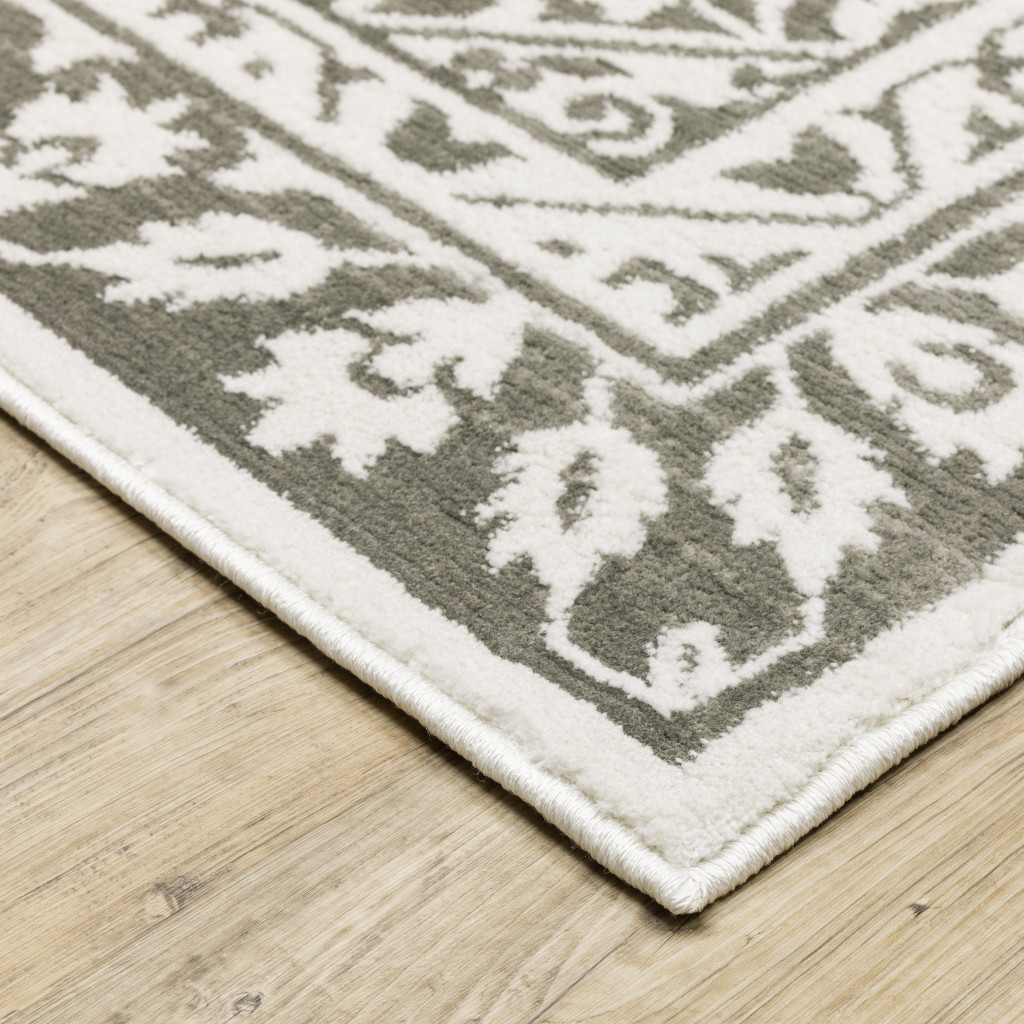 2" X 8" Grey And White Oriental Power Loom Stain Resistant Runner Rug
