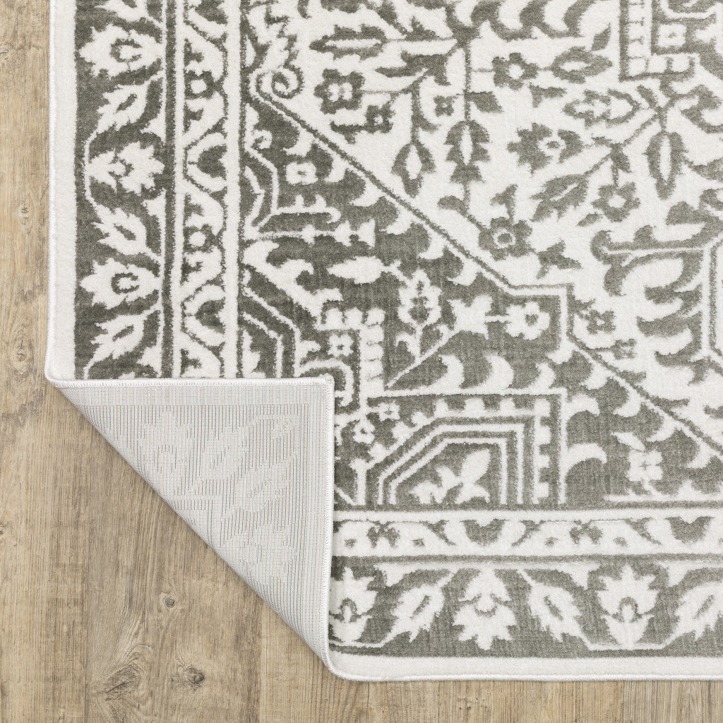 2" X 8" Grey And White Oriental Power Loom Stain Resistant Runner Rug