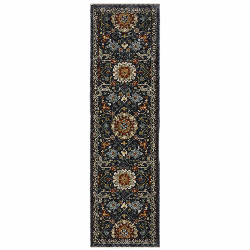2 X 8 Blue And Ivory Oriental Power Loom Runner Rug With Fringe
