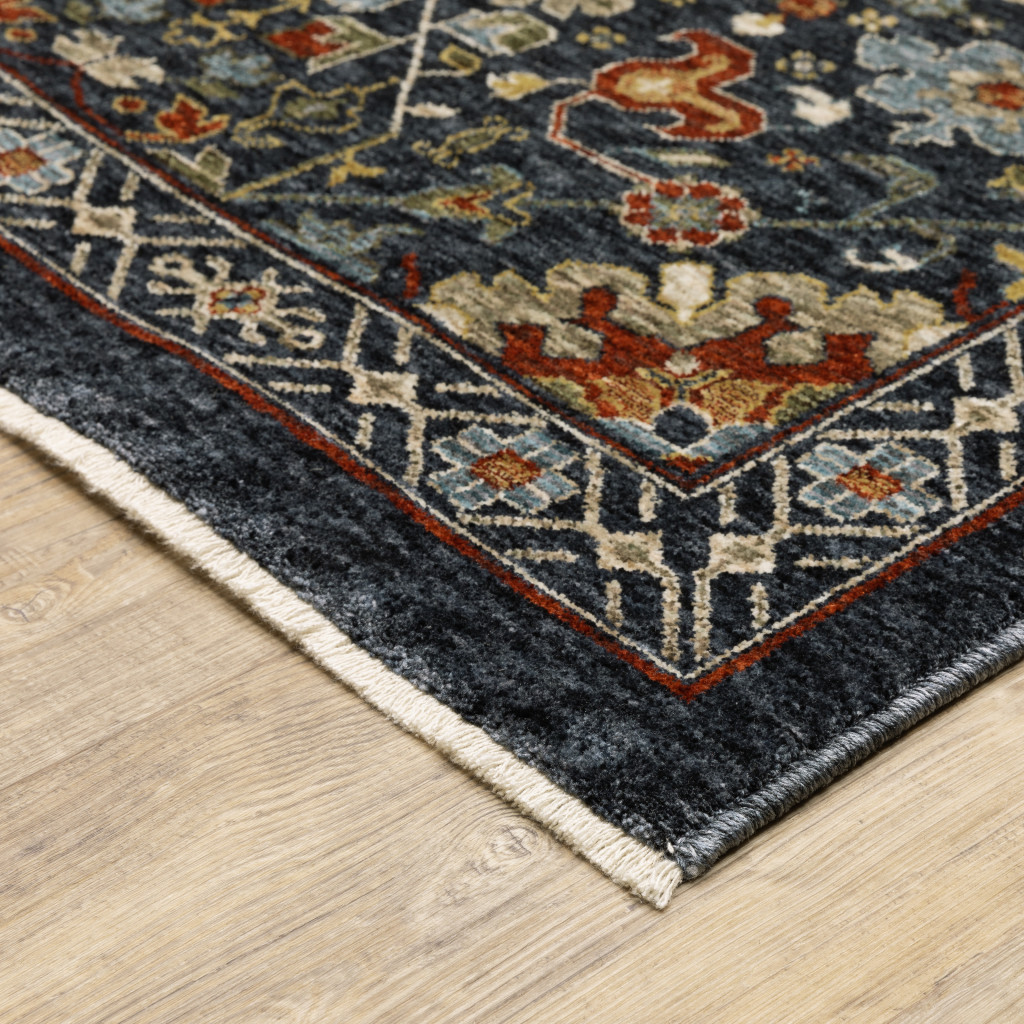 2" X 8" Blue And Ivory Oriental Power Loom Runner Rug With Fringe