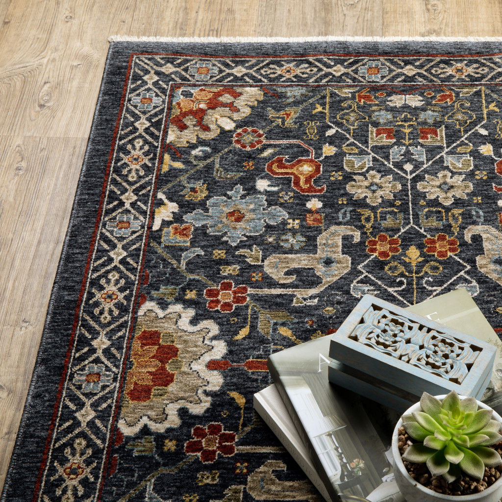 2" X 8" Blue And Ivory Oriental Power Loom Runner Rug With Fringe