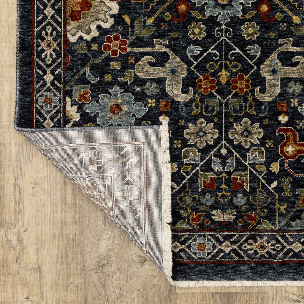 2" X 8" Blue And Ivory Oriental Power Loom Runner Rug With Fringe