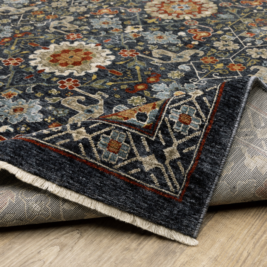 2" X 8" Blue And Ivory Oriental Power Loom Runner Rug With Fringe