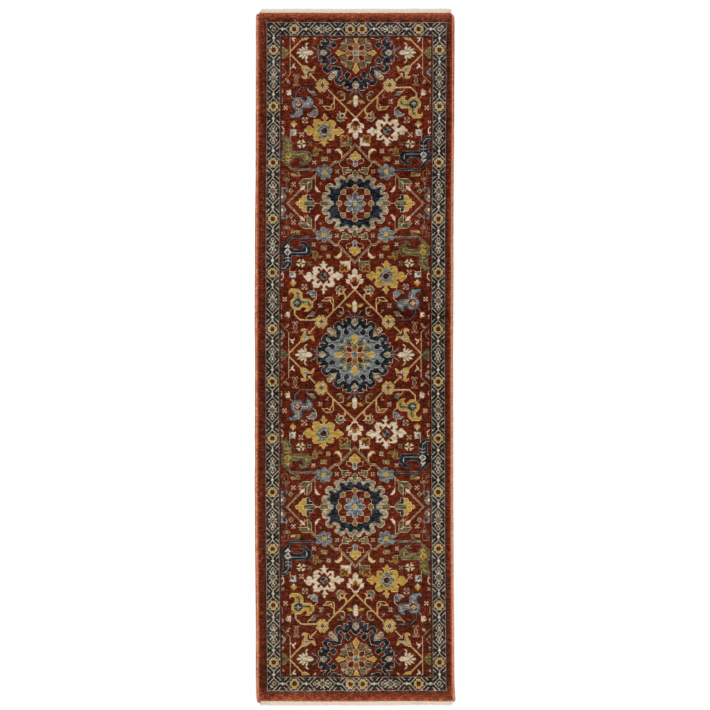 2" X 8" Red Blue Gold And Ivory Oriental Power Loom Stain Resistant Runner Rug With Fringe
