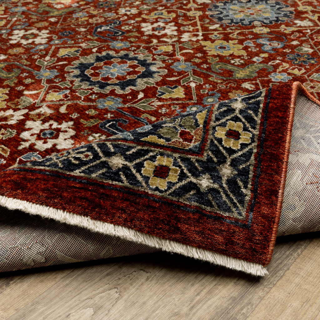 2" X 8" Red Blue Gold And Ivory Oriental Power Loom Stain Resistant Runner Rug With Fringe