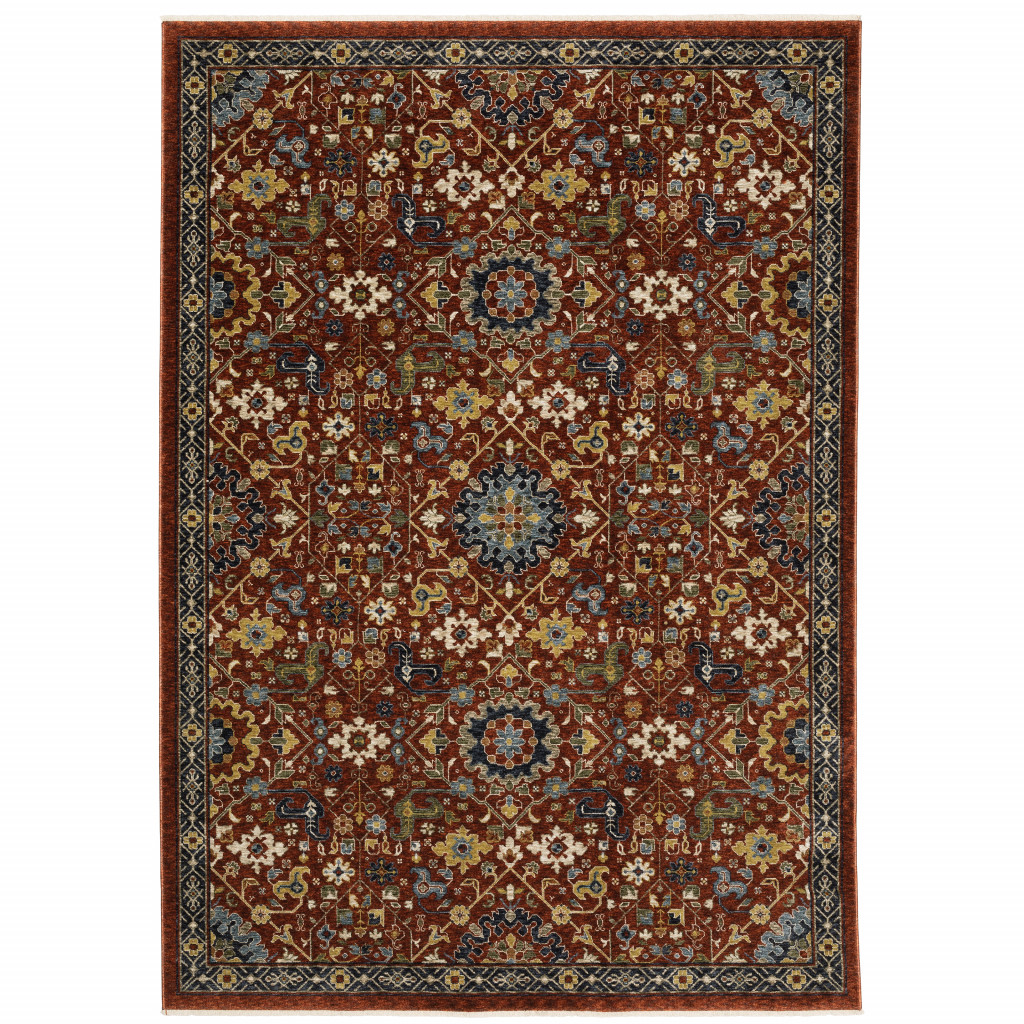 7" X 10" Blue and Red Oriental Power Loom Area Rug With Fringe