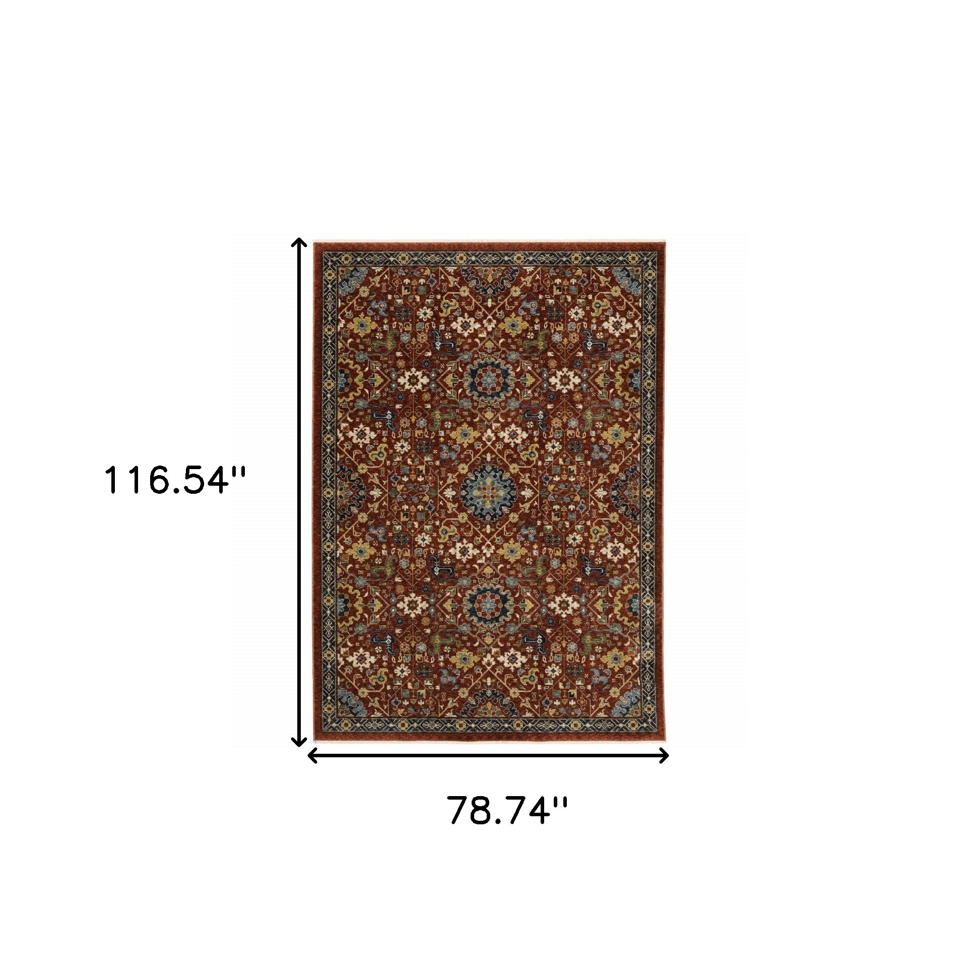 7" X 10" Blue and Red Oriental Power Loom Area Rug With Fringe