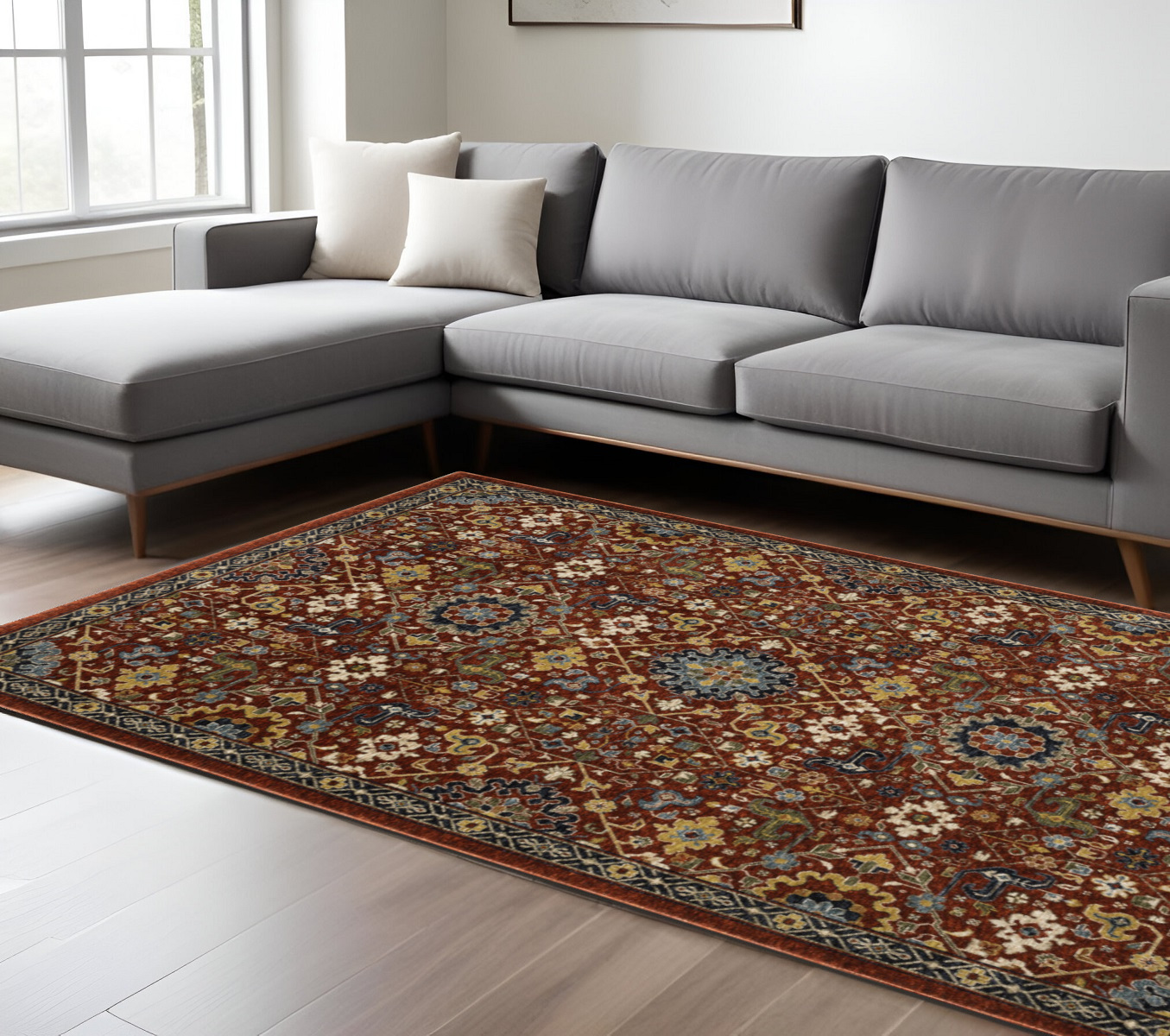7" X 10" Blue and Red Oriental Power Loom Area Rug With Fringe