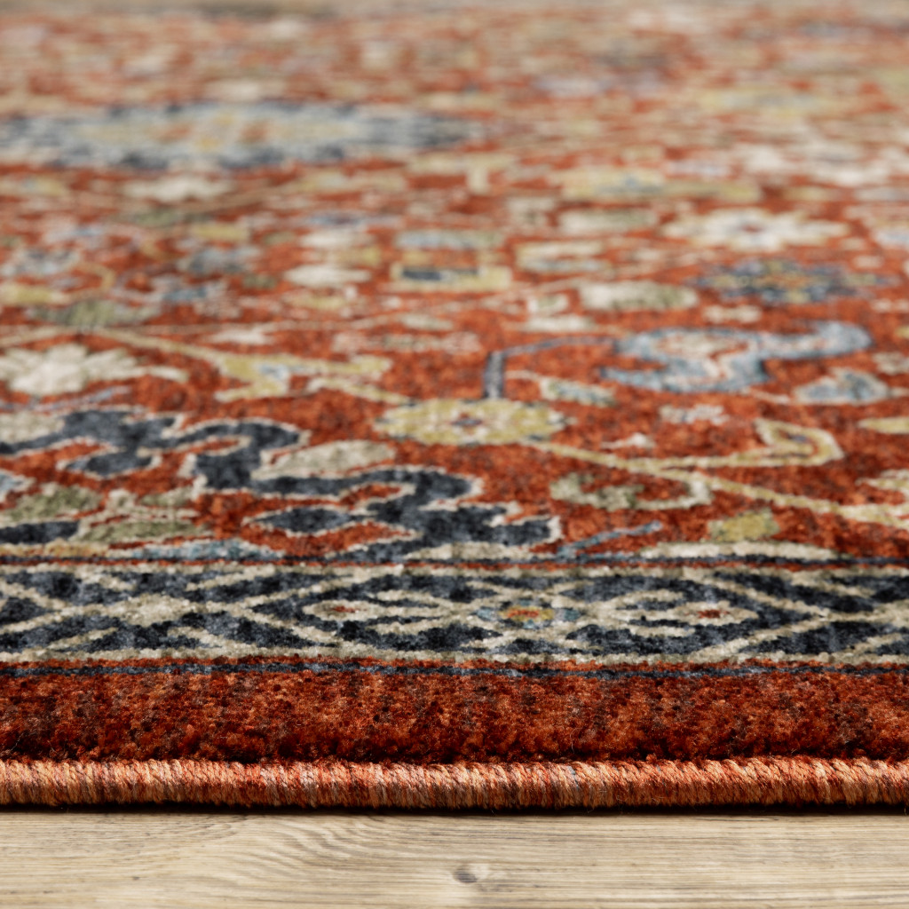 7" X 10" Blue and Red Oriental Power Loom Area Rug With Fringe