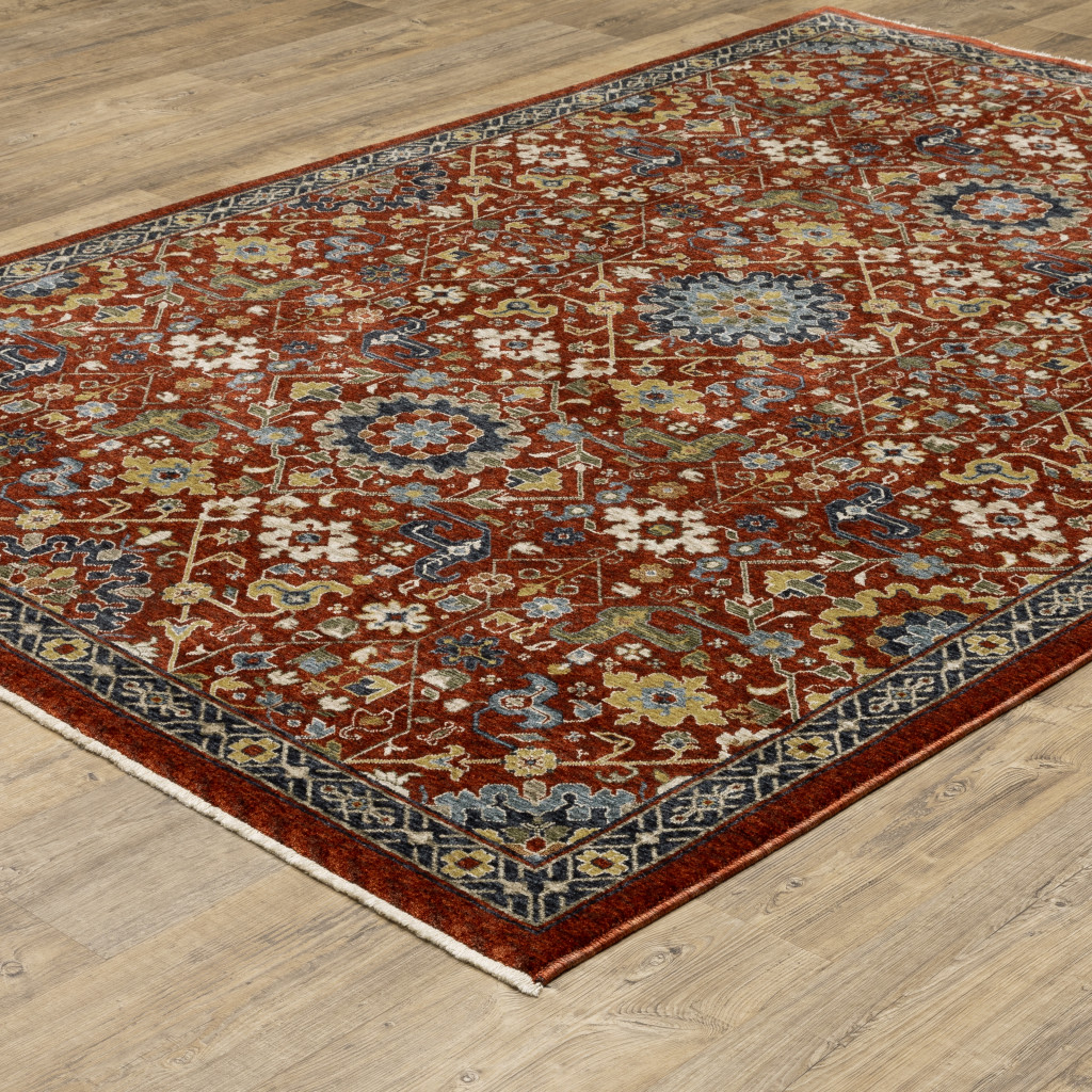 7" X 10" Blue and Red Oriental Power Loom Area Rug With Fringe