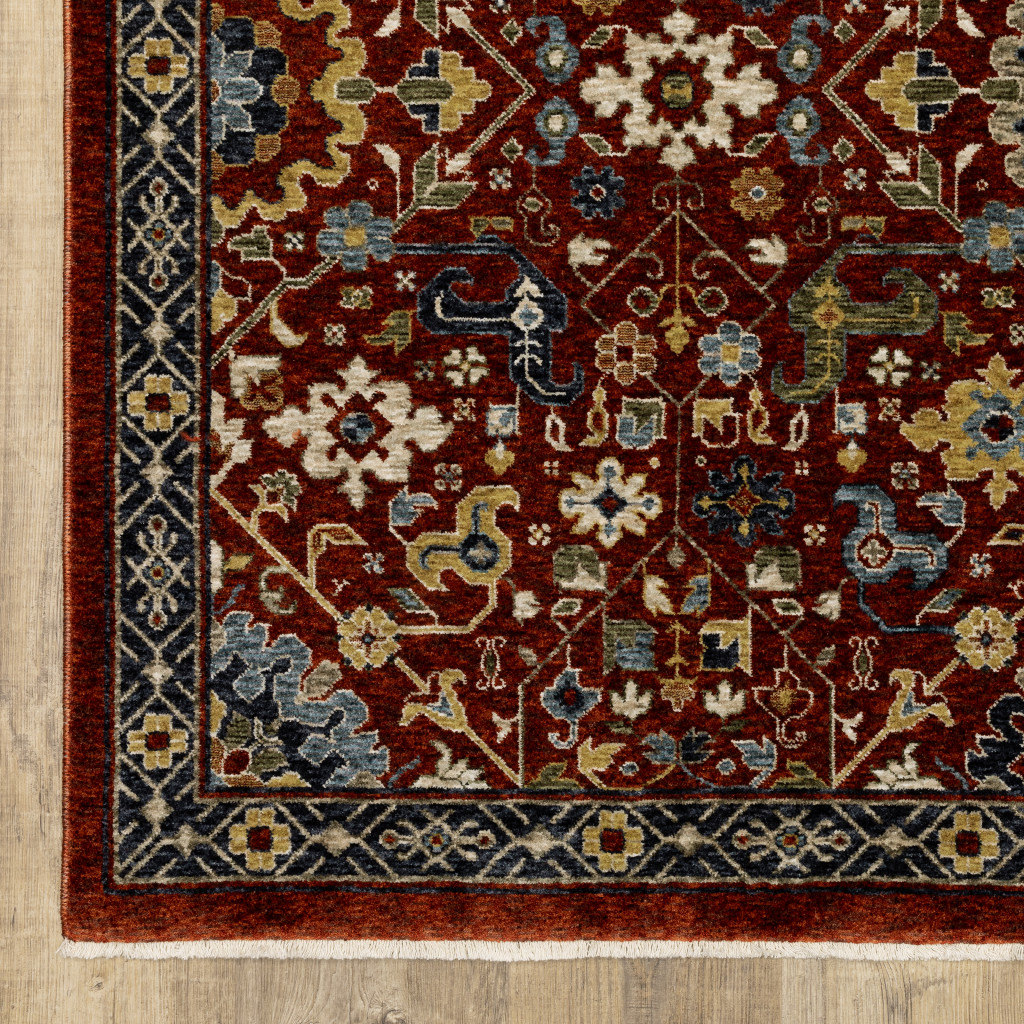 7" X 10" Blue and Red Oriental Power Loom Area Rug With Fringe