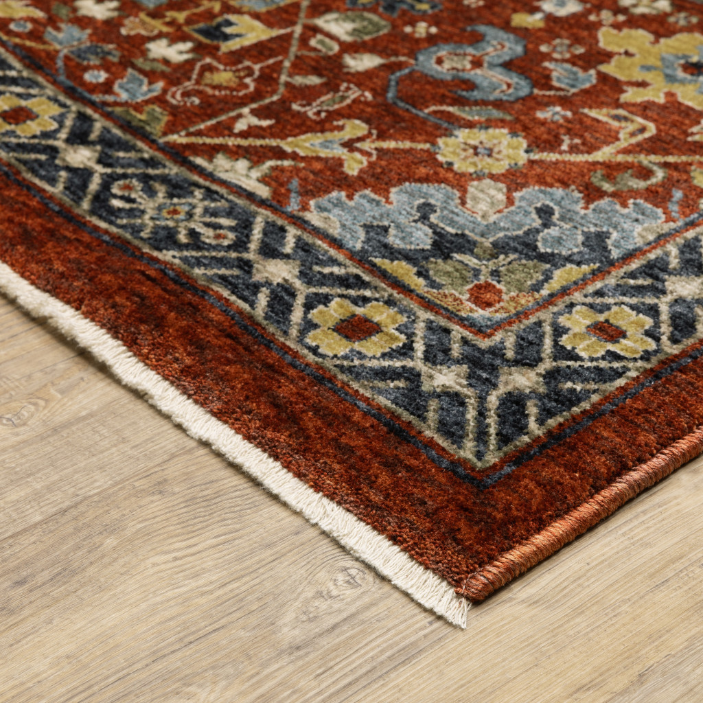 10" X 13" Blue and Red Oriental Power Loom Area Rug With Fringe