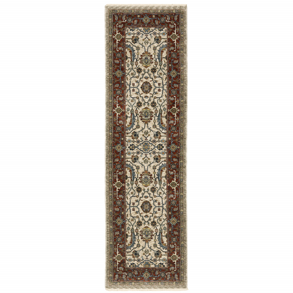 2 X 8 Ivory Red green grey Blue And Navy Oriental Power Loom Stain Resistant Runner Rug With Fringe