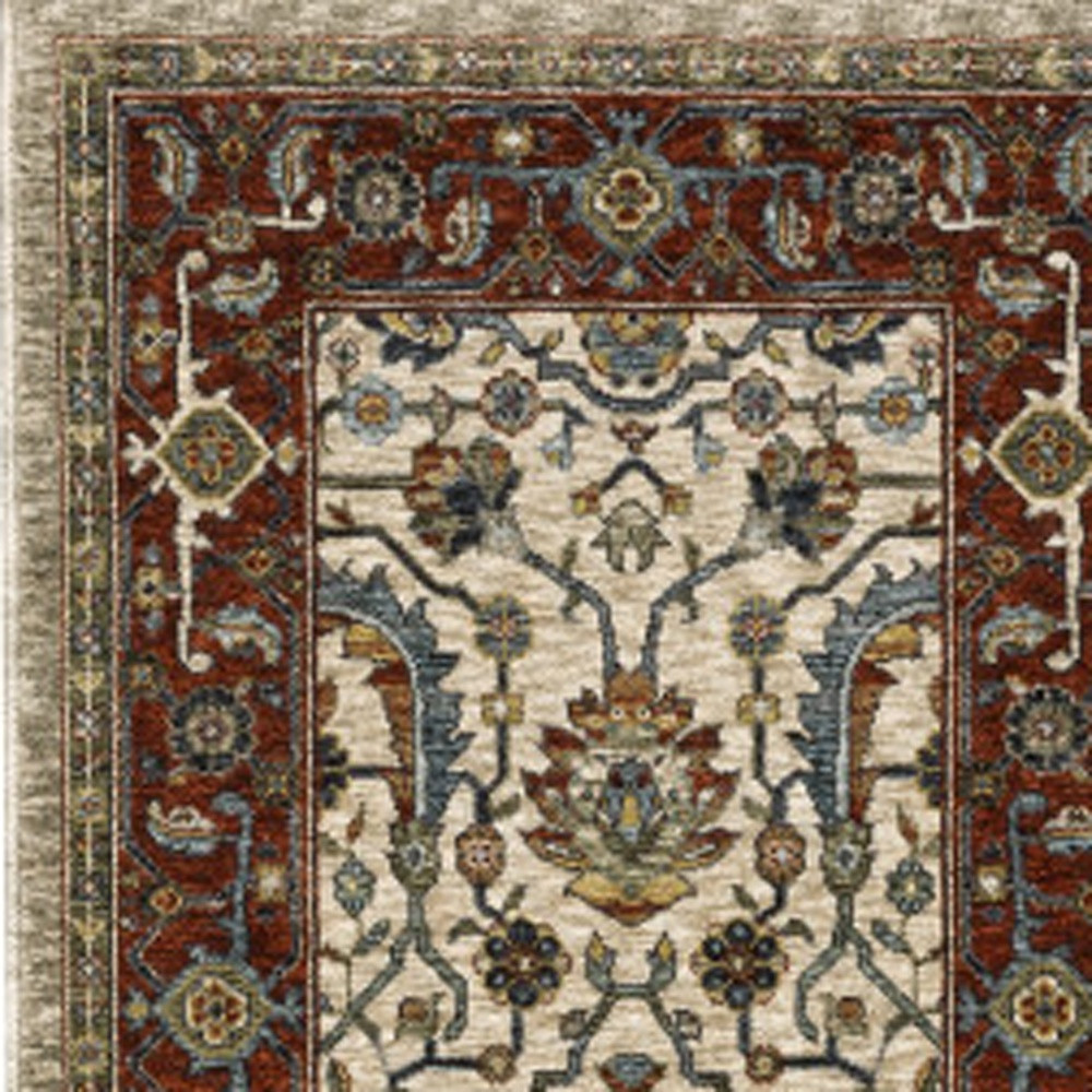 2" X 8" Ivory Red Green Grey Blue And Navy Oriental Power Loom Stain Resistant Runner Rug With Fringe
