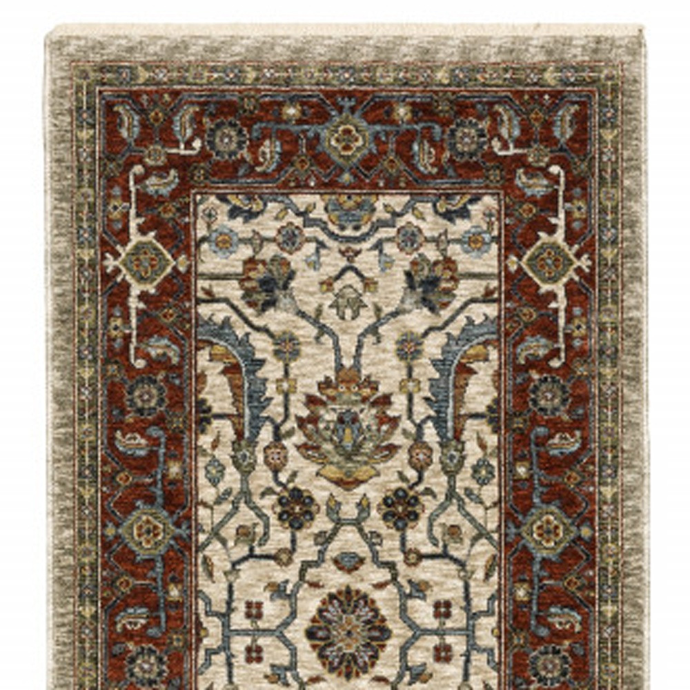 2" X 8" Ivory Red Green Grey Blue And Navy Oriental Power Loom Stain Resistant Runner Rug With Fringe