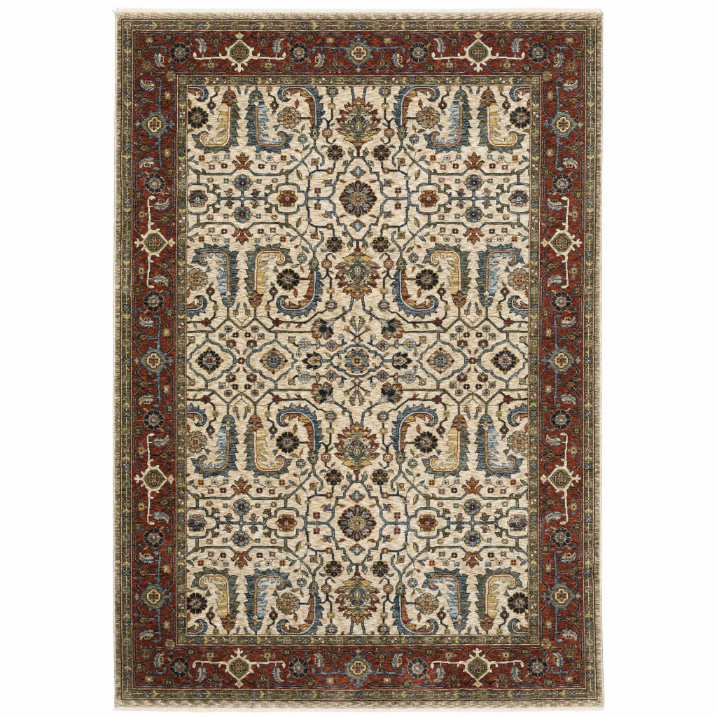 2 X 3 Ivory Red green grey Blue And Navy Oriental Power Loom Stain Resistant Area Rug With Fringe