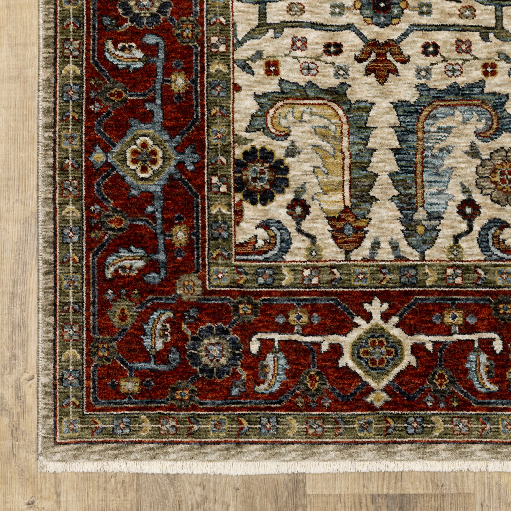 2 X 3 Ivory Red green grey Blue And Navy Oriental Power Loom Stain Resistant Area Rug With Fringe