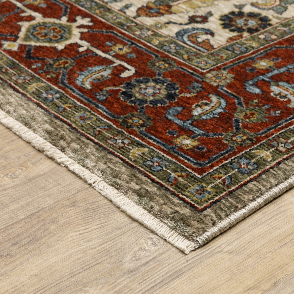 3" X 5" Ivory Red Green Grey Blue And Navy Oriental Power Loom Stain Resistant Area Rug With Fringe