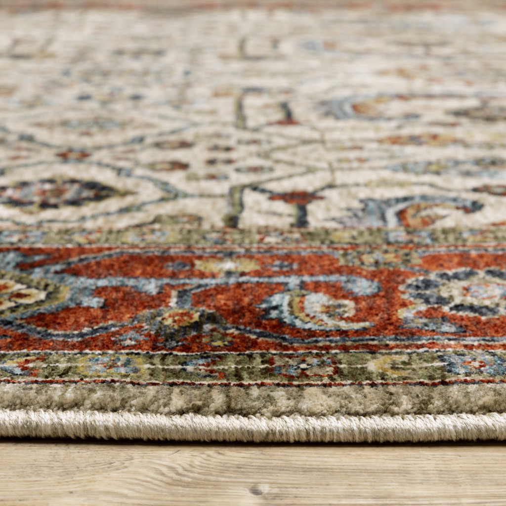 3" X 5" Ivory Red Green Grey Blue And Navy Oriental Power Loom Stain Resistant Area Rug With Fringe