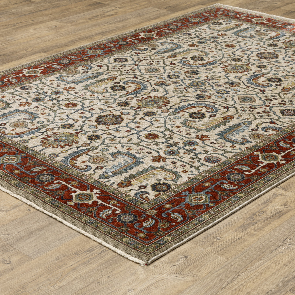 3" X 5" Ivory Red Green Grey Blue And Navy Oriental Power Loom Stain Resistant Area Rug With Fringe