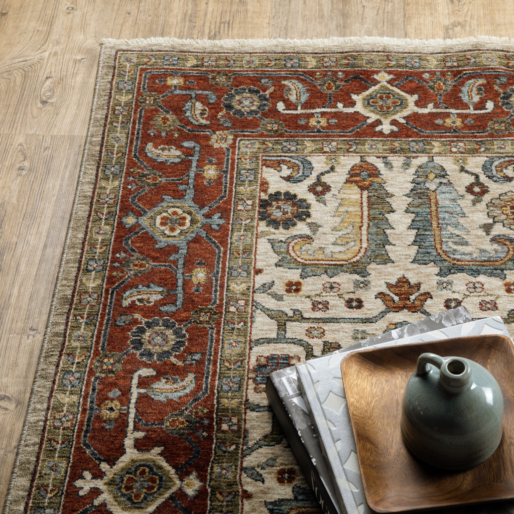 3" X 5" Ivory Red Green Grey Blue And Navy Oriental Power Loom Stain Resistant Area Rug With Fringe
