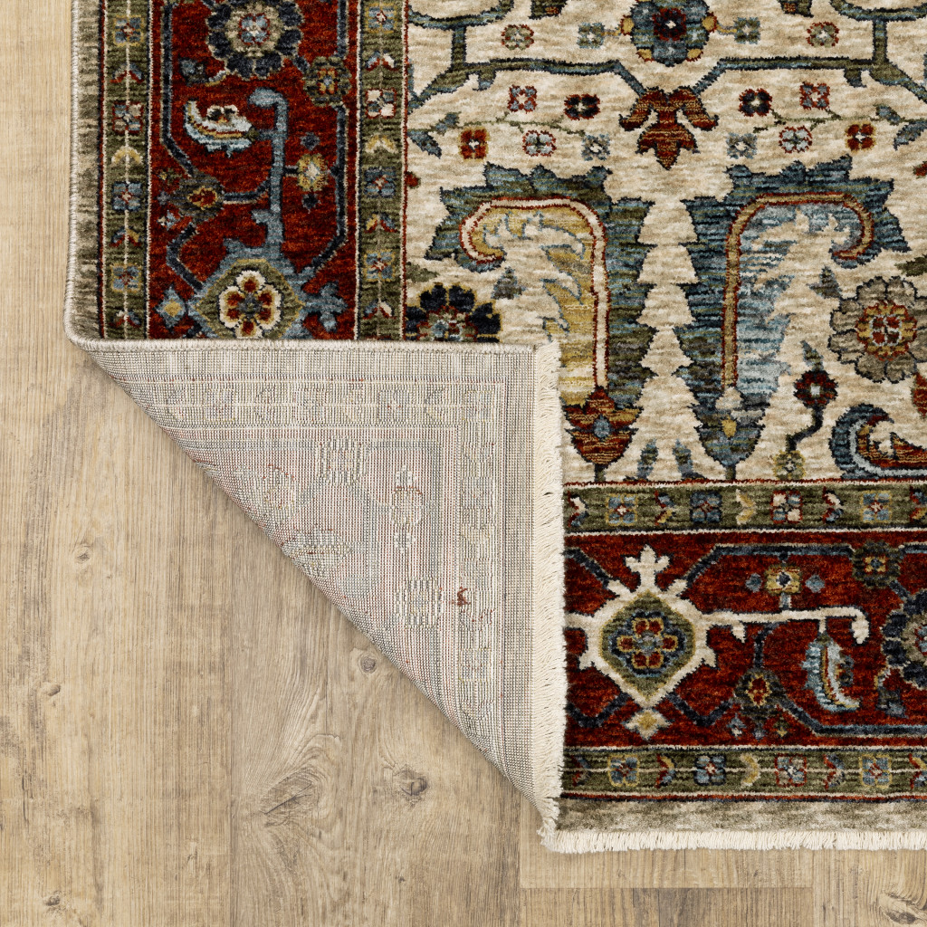 3" X 5" Ivory Red Green Grey Blue And Navy Oriental Power Loom Stain Resistant Area Rug With Fringe