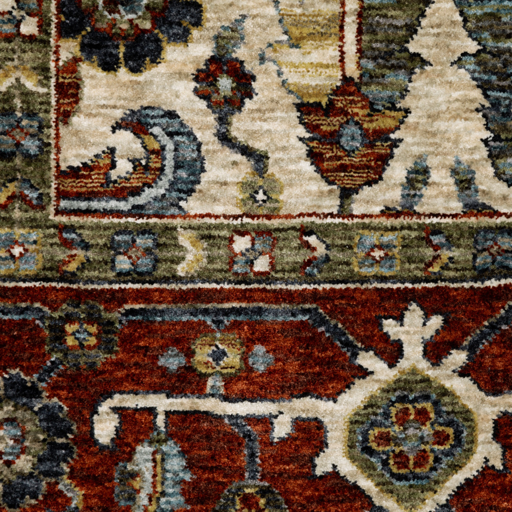 3" X 5" Ivory Red Green Grey Blue And Navy Oriental Power Loom Stain Resistant Area Rug With Fringe