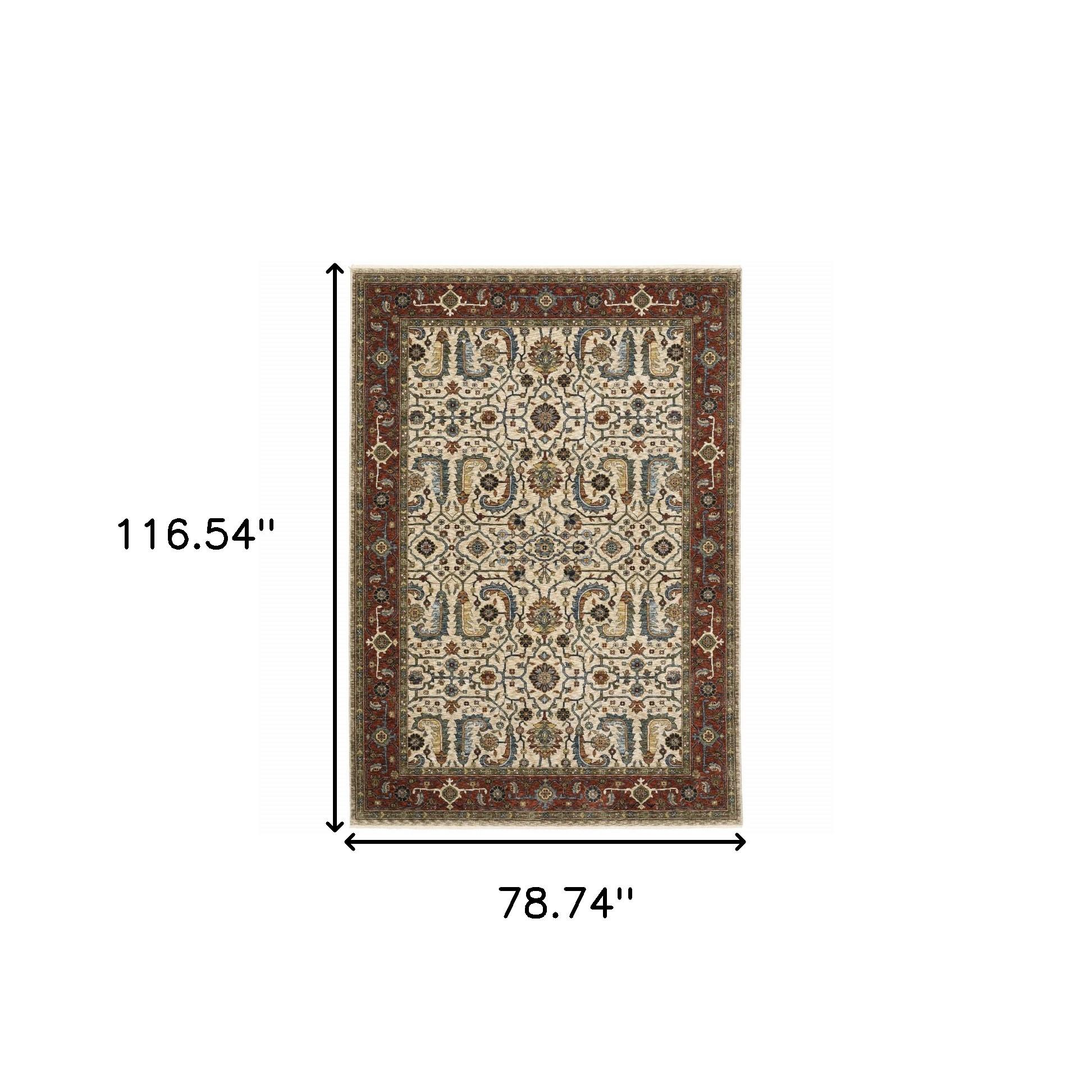 7" X 10" Red and Ivory Oriental Power Loom Area Rug With Fringe
