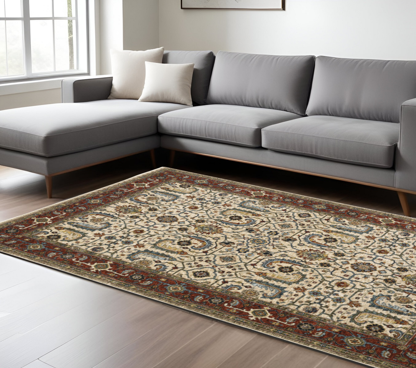 7" X 10" Red and Ivory Oriental Power Loom Area Rug With Fringe