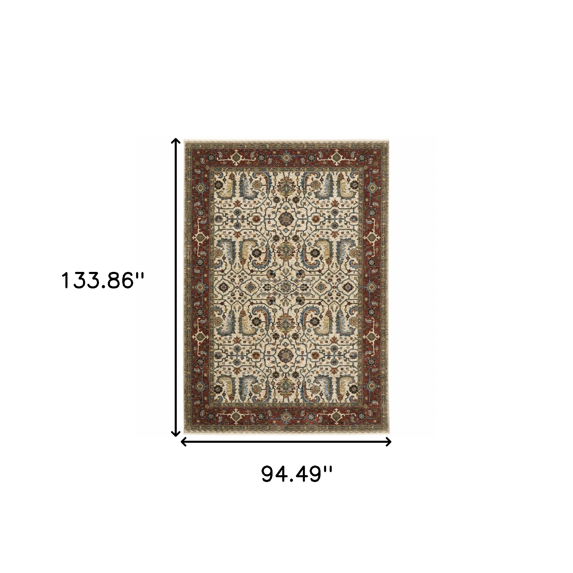 8" X 11" Red and Ivory Oriental Power Loom Area Rug With Fringe