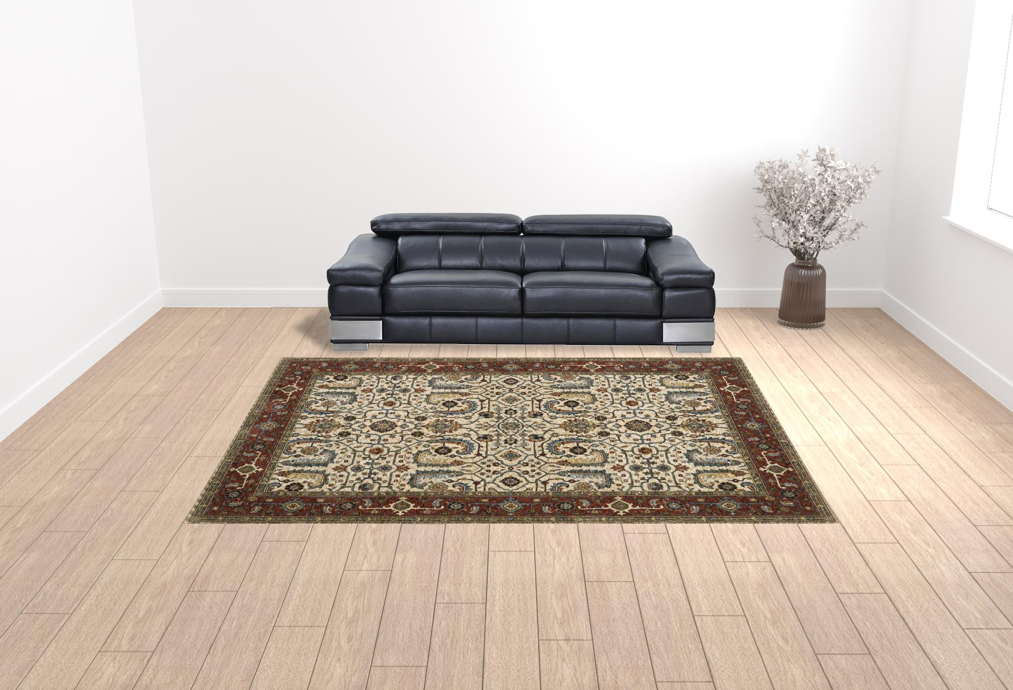 10" X 13" Ivory Red Green Grey Blue And Navy Oriental Power Loom Stain Resistant Area Rug With Fringe