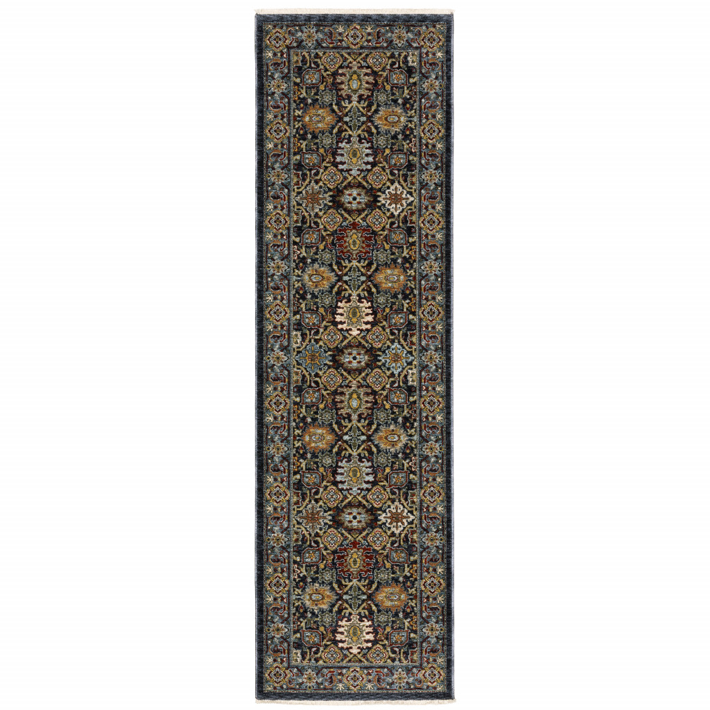 2 X 8 Blue And Beige Oriental Power Loom Runner Rug With Fringe