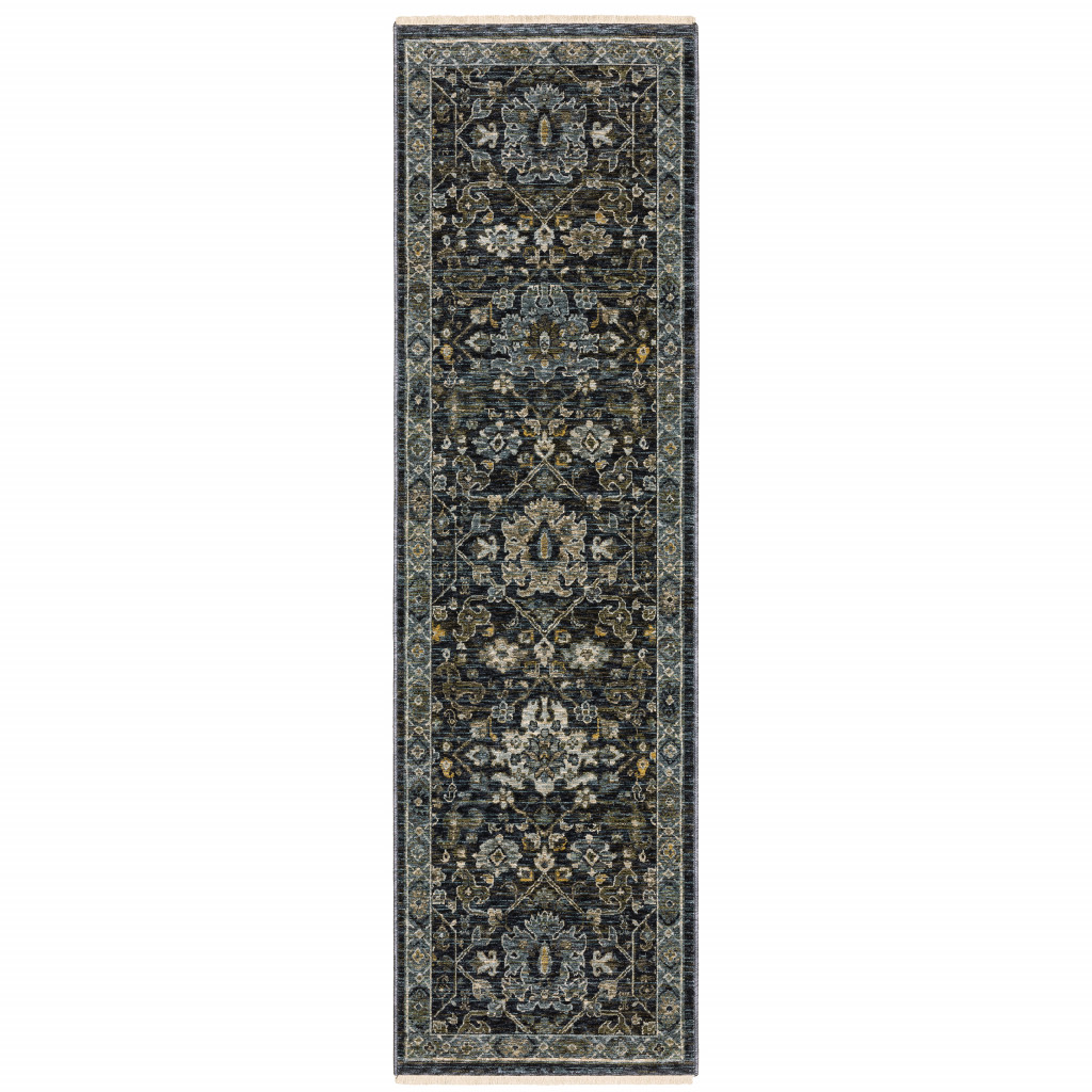 8 Blue and Ivory Oriental Power Loom Runner Rug
