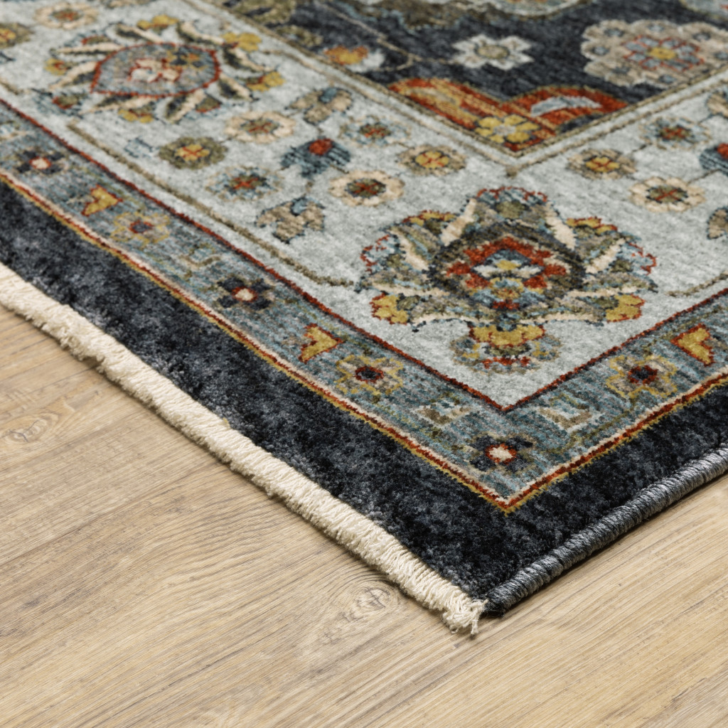 2" X 8" Blue And Beige Oriental Power Loom Runner Rug With Fringe
