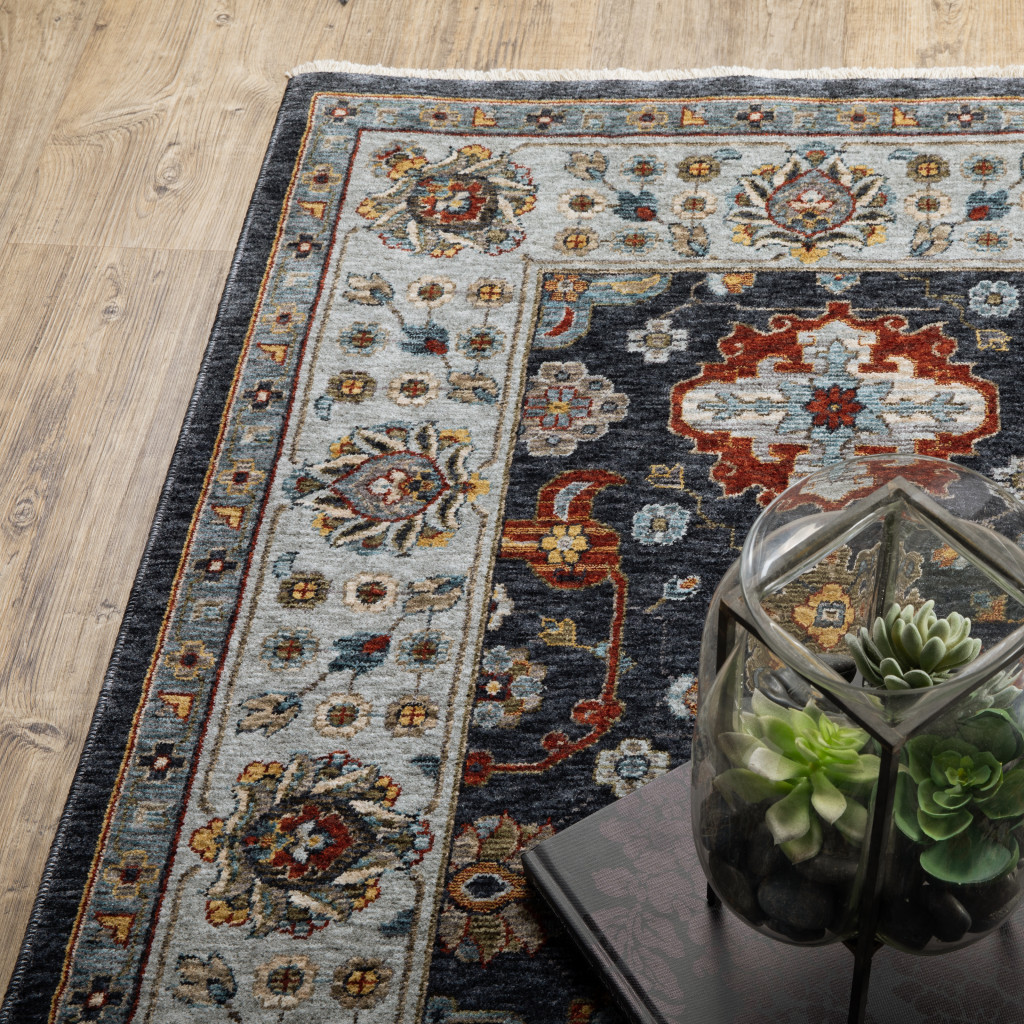2" X 8" Blue And Beige Oriental Power Loom Runner Rug With Fringe