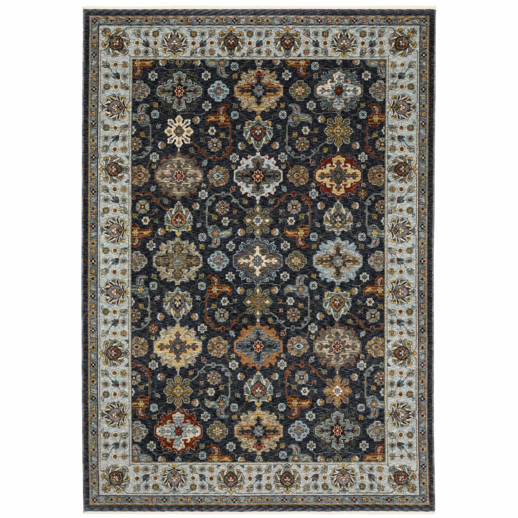 8" X 11" Blue and Beige Oriental Power Loom Area Rug With Fringe