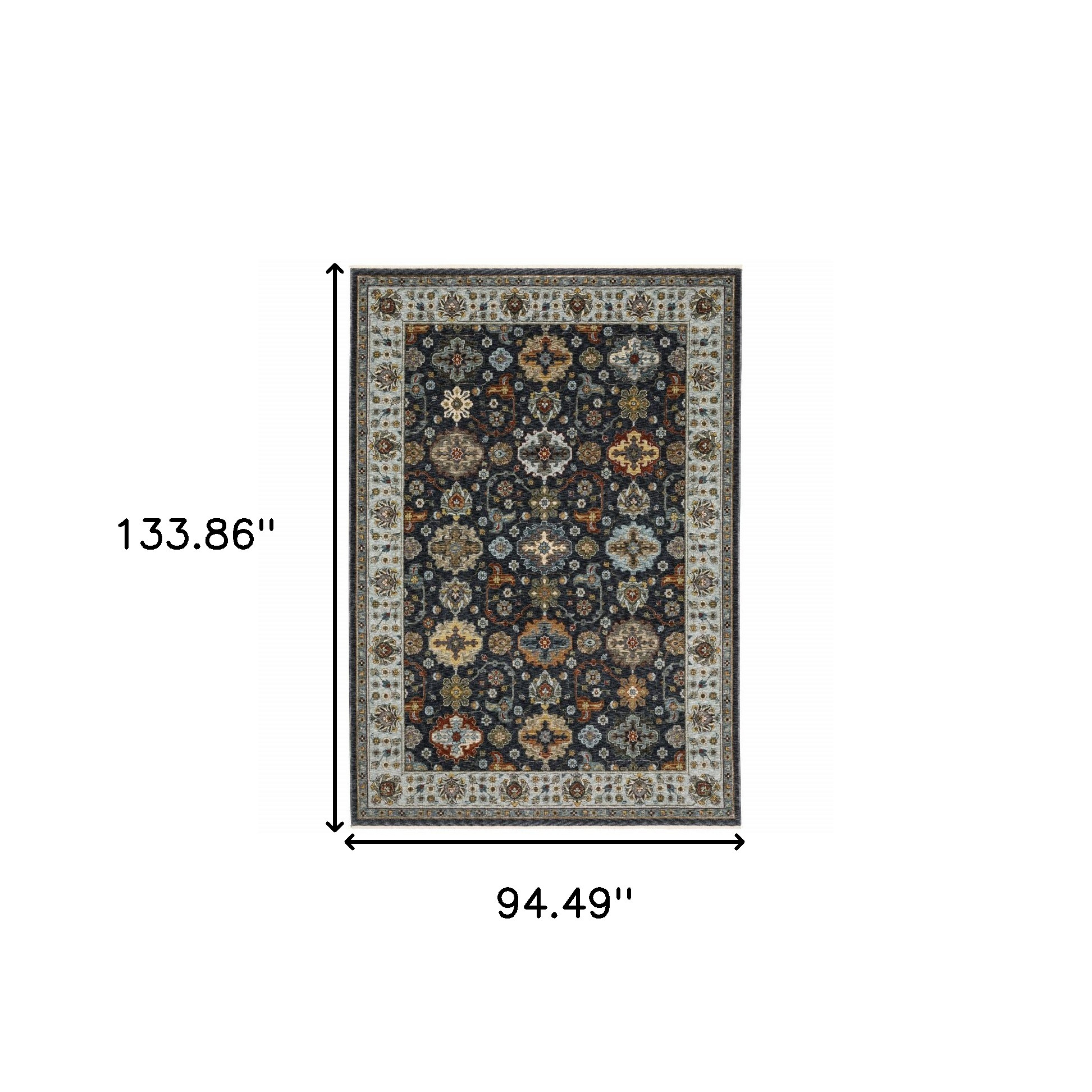 8" X 11" Blue and Beige Oriental Power Loom Area Rug With Fringe