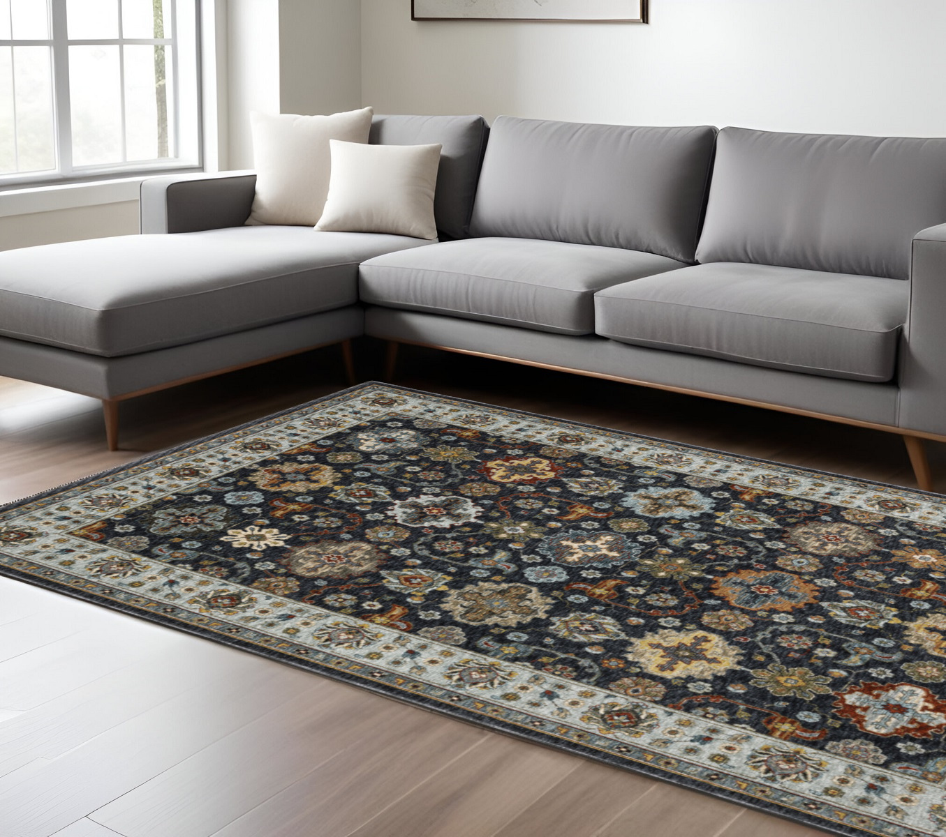 8" X 11" Blue and Beige Oriental Power Loom Area Rug With Fringe