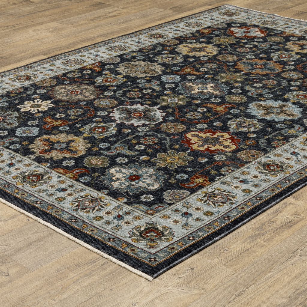 8" X 11" Blue and Beige Oriental Power Loom Area Rug With Fringe